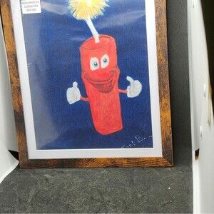Handmade Framed Colored Pencil Drawing TNT Firecracker 9x11 inch Frame Included